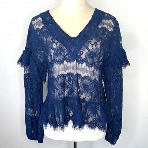 LULU’S Navy Blue Lace Top Long Sleeve Blouse Size Medium